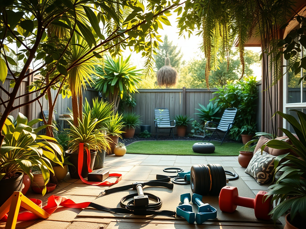 Зелёный травяной двор с спортивным оборудованием и растениями, создающими уютную атмосферу для тренировок.