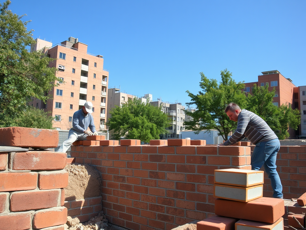 Два строителя возводят кирпичную стену под ясным голубым небом. Вокруг зелень деревьев и здания.