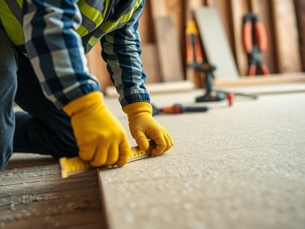 Рабочий в желтой перчатке использует рулетку для измерения деревянной поверхности на стройке.