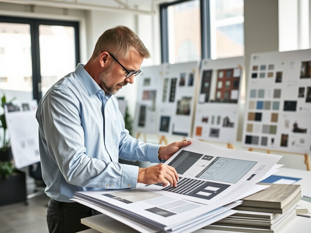 Мужчина в очках просматривает документы и образцы в офисе, окружают материалы для дизайна.