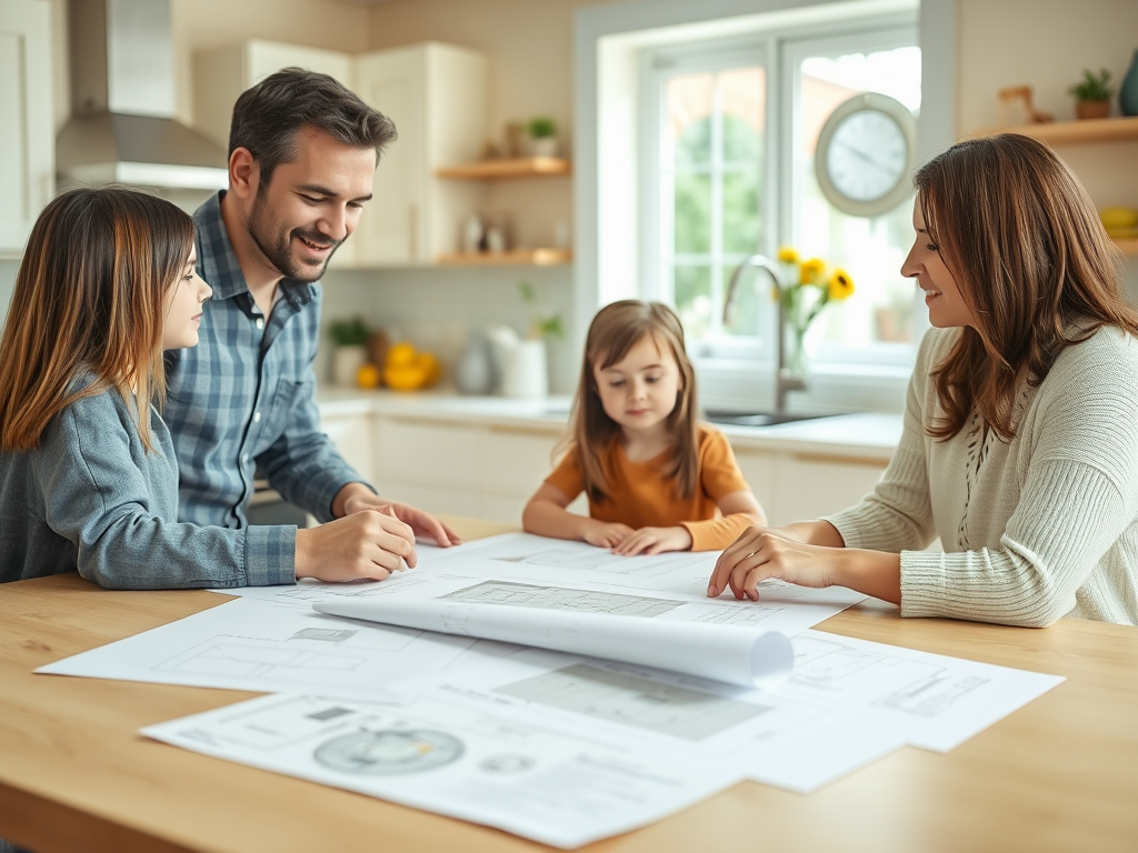 Семья обсуждает планы в уютной кухне, дети внимательно смотрят на чертежи вместе с родителями.