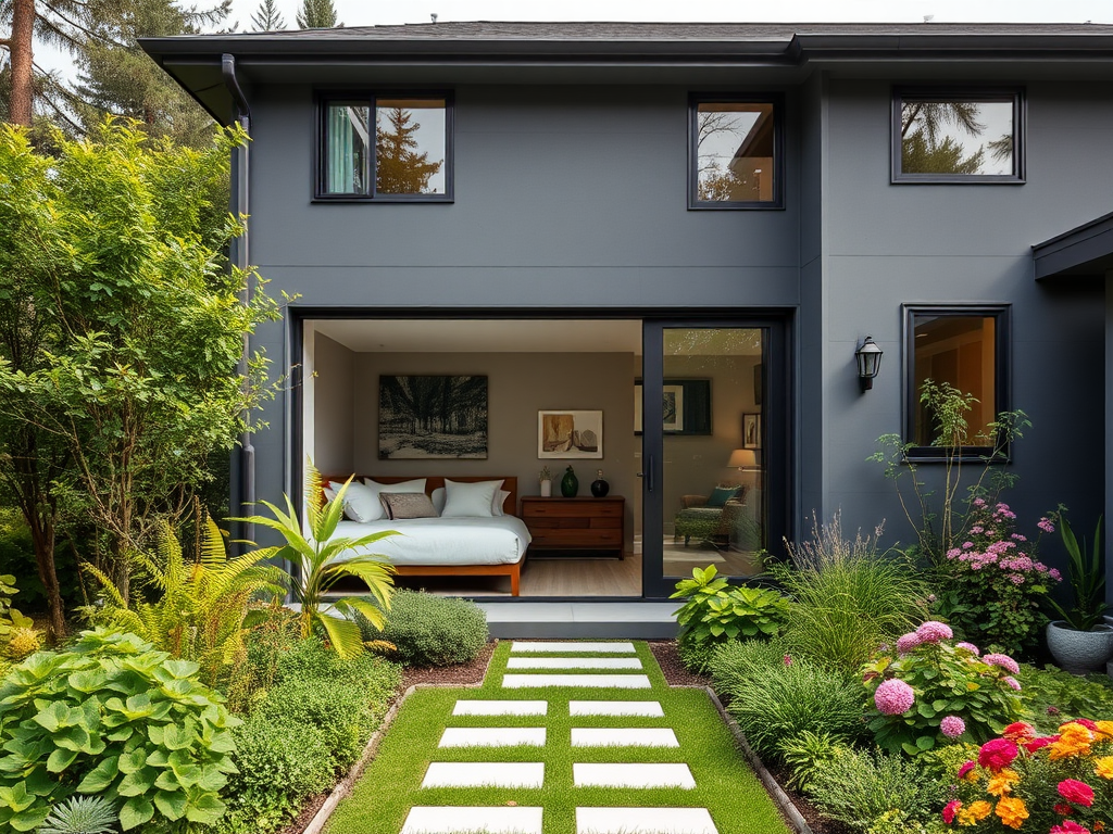 Просторный дворовой участок с зелеными растениями и видной спальней через раздвижную дверь.