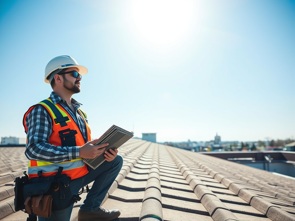 Человек в каске и жилете осматривает крышу, держа в руках документы. Яркое солнце, городской пейзаж на фоне.