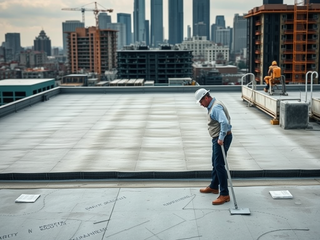 Рабочий в каске проверяет поверхность крыши здания с видом на городские горизонты и стройплощадки.
