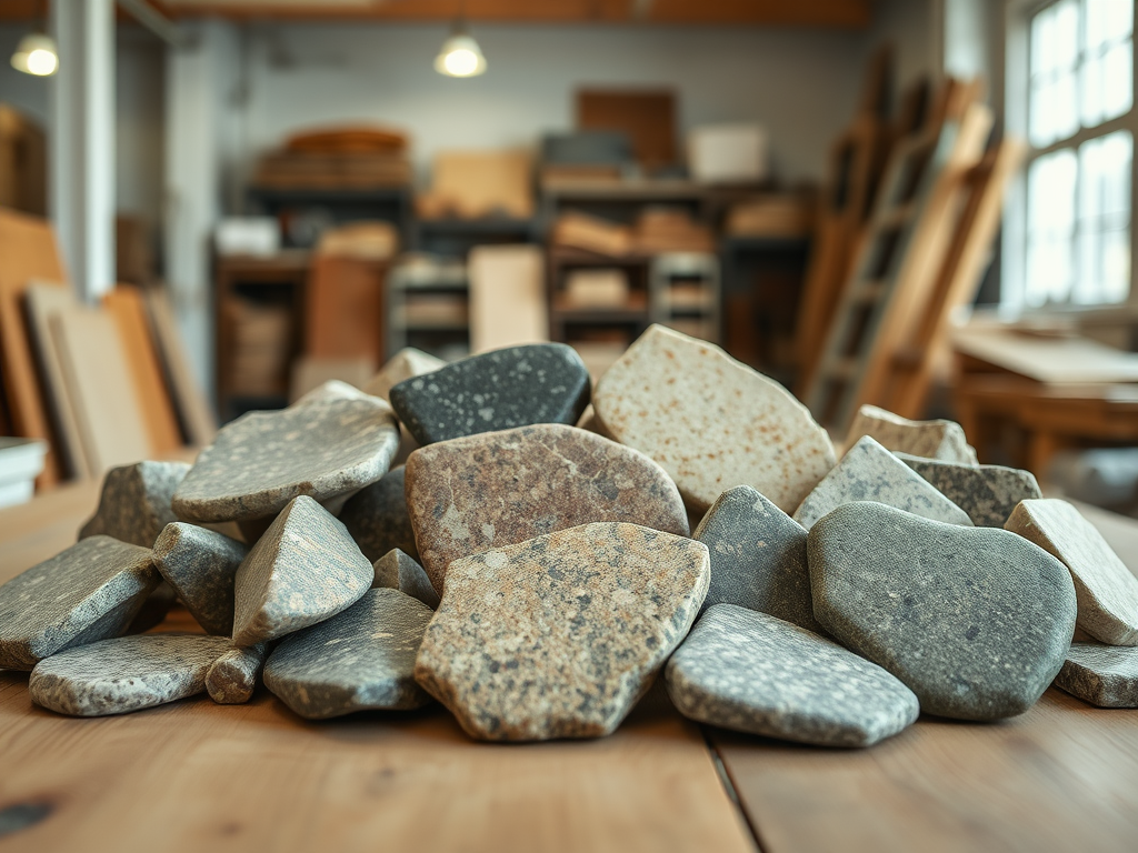 Камни разного размера и формы, аккуратно сложенные на деревянном столе в мастерской.