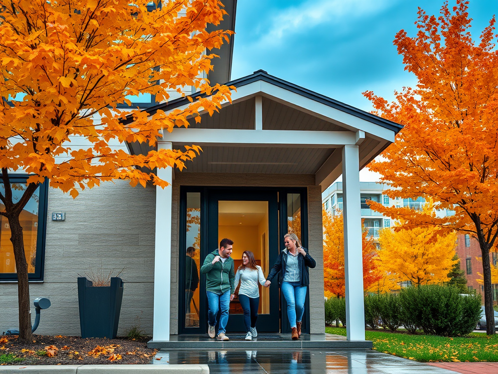 Трое людей выходят из дома на фоне ярко-оранжевых осенних деревьев и голубого неба.