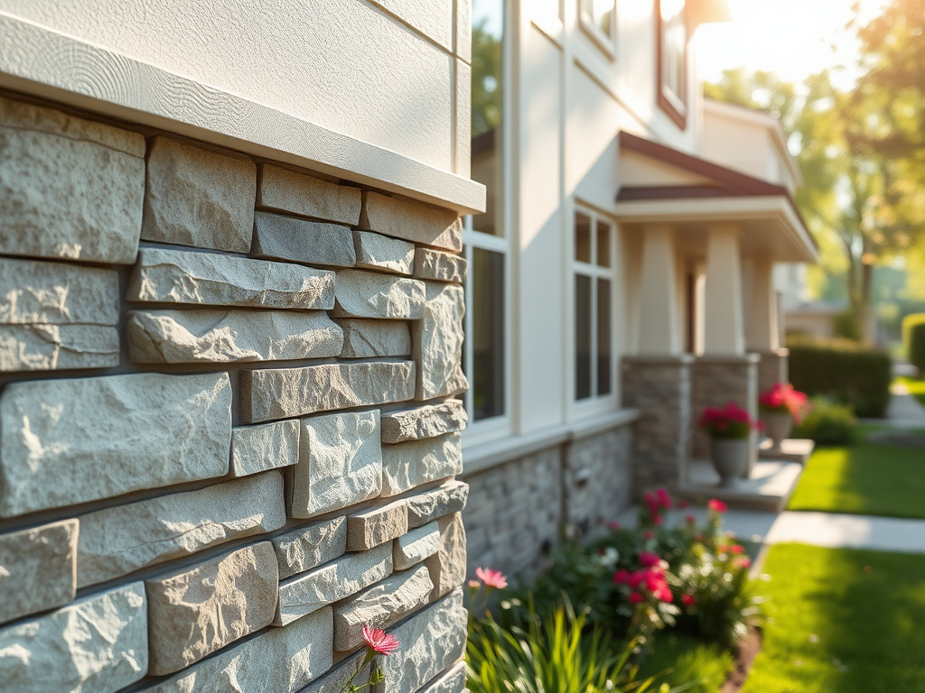 Стена дома с каменной отделкой и цветами на ухоженном газоне. Солнечный день и зеленые деревья.