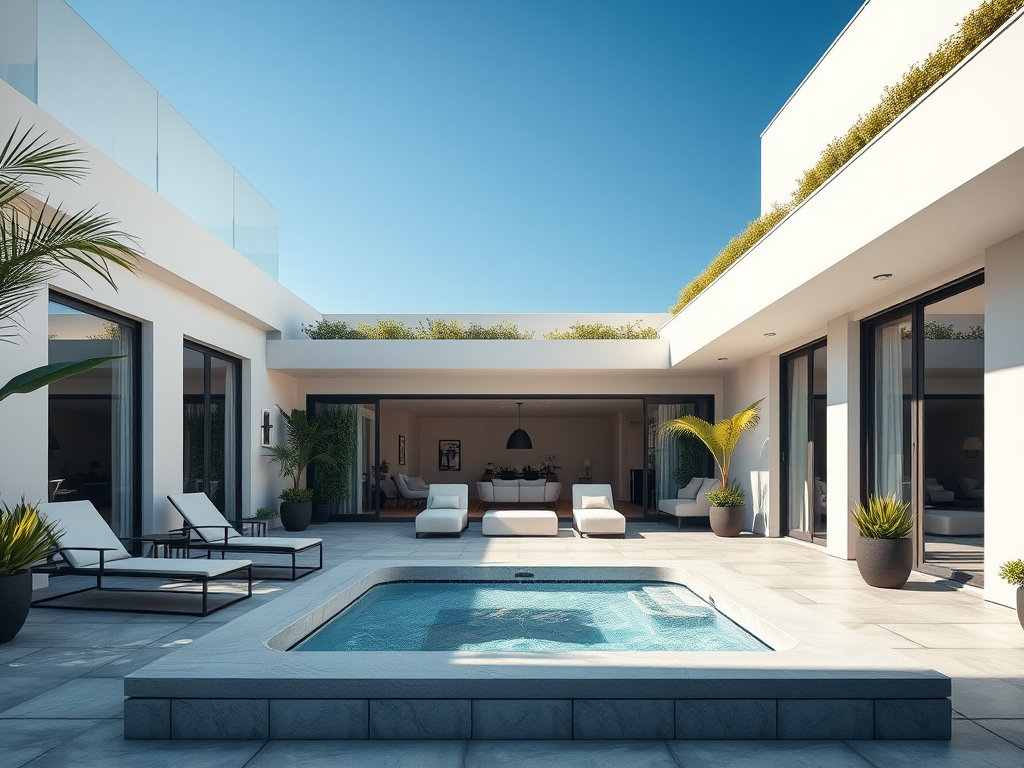 Современный двор с бассейном, шезлонгами и зелеными растениями под ясным голубым небом.