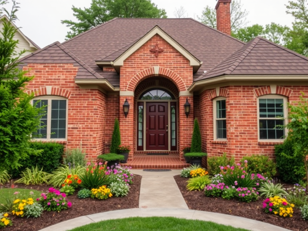 Красивый кирпичный дом со сценарным входом и ухоженным садом, украшенным яркими цветами.