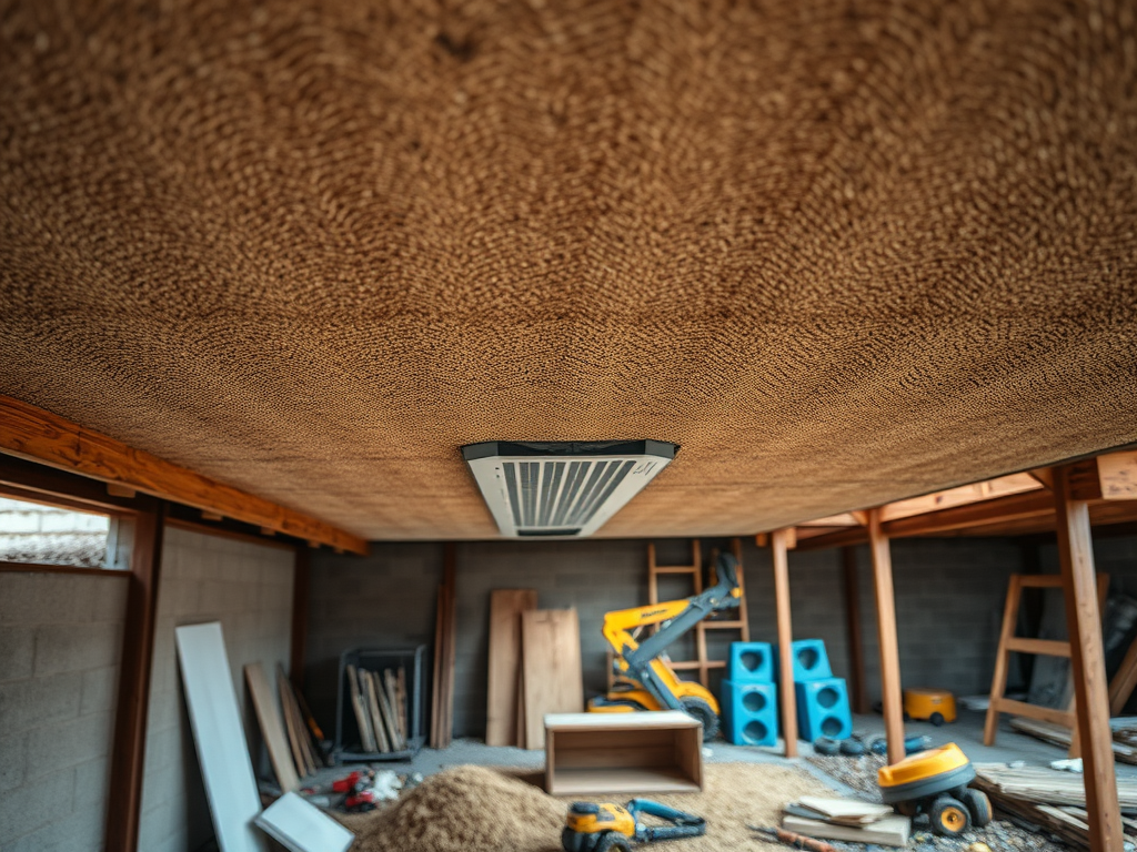 Подъем к потолку помещения с инструментами и строительными материалами на полу.