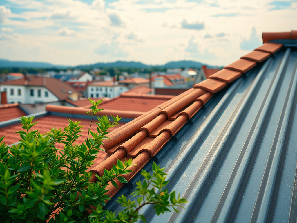 Крыши зданий с черепицей и металлочерепицей, кустарник на переднем плане, ясное небо на фоне.