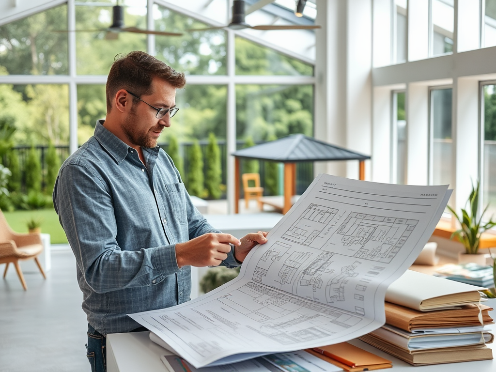 Мужчина изучает архитектурные чертежи в светлом офисе с большими окнами и зеленью снаружи.