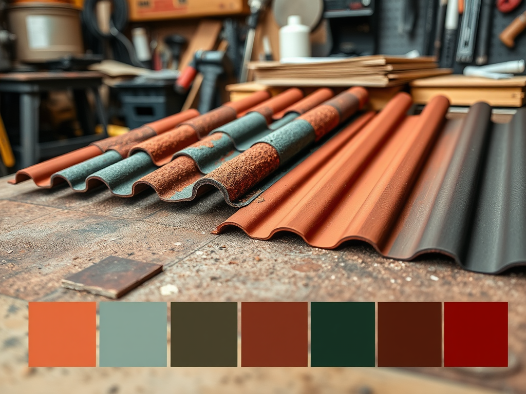 На столе расположены крыши разных цветов с образцами краски рядом. Рабочая атмосфера с инструментами на фоне.