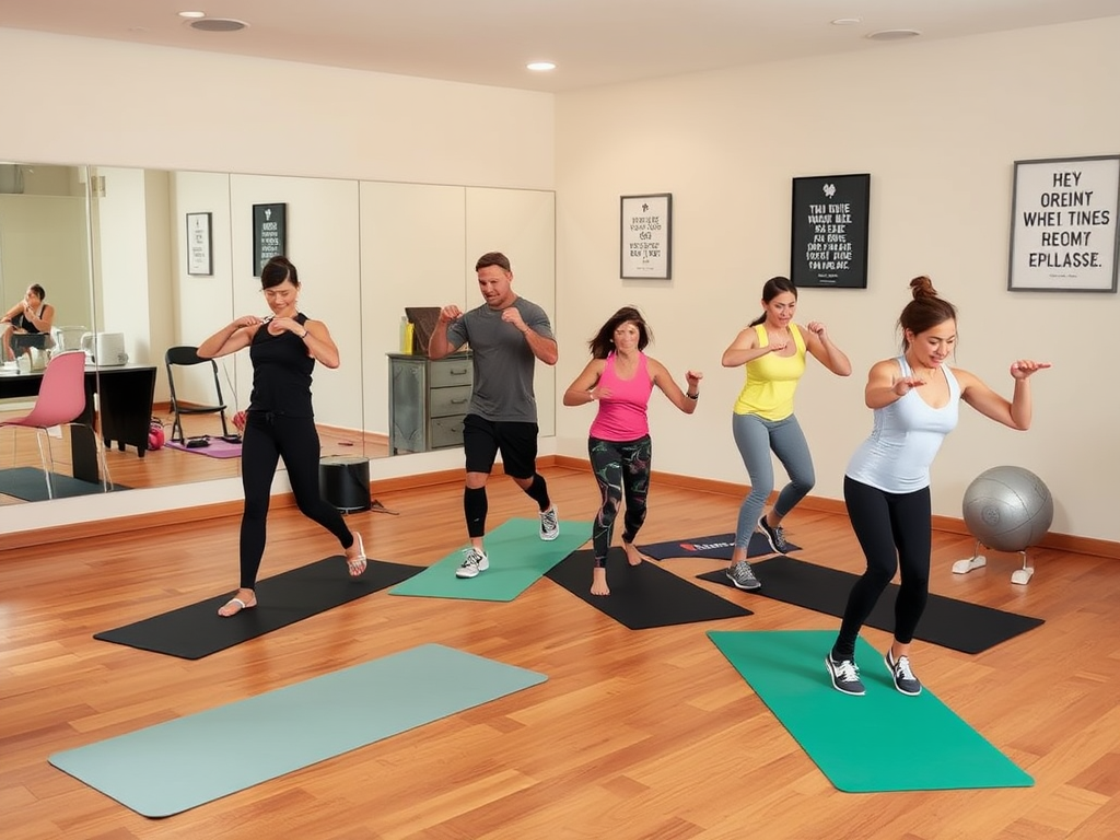 Группа людей занимается фитнесом в современном зале с зеркалами и спортивным оборудованием.