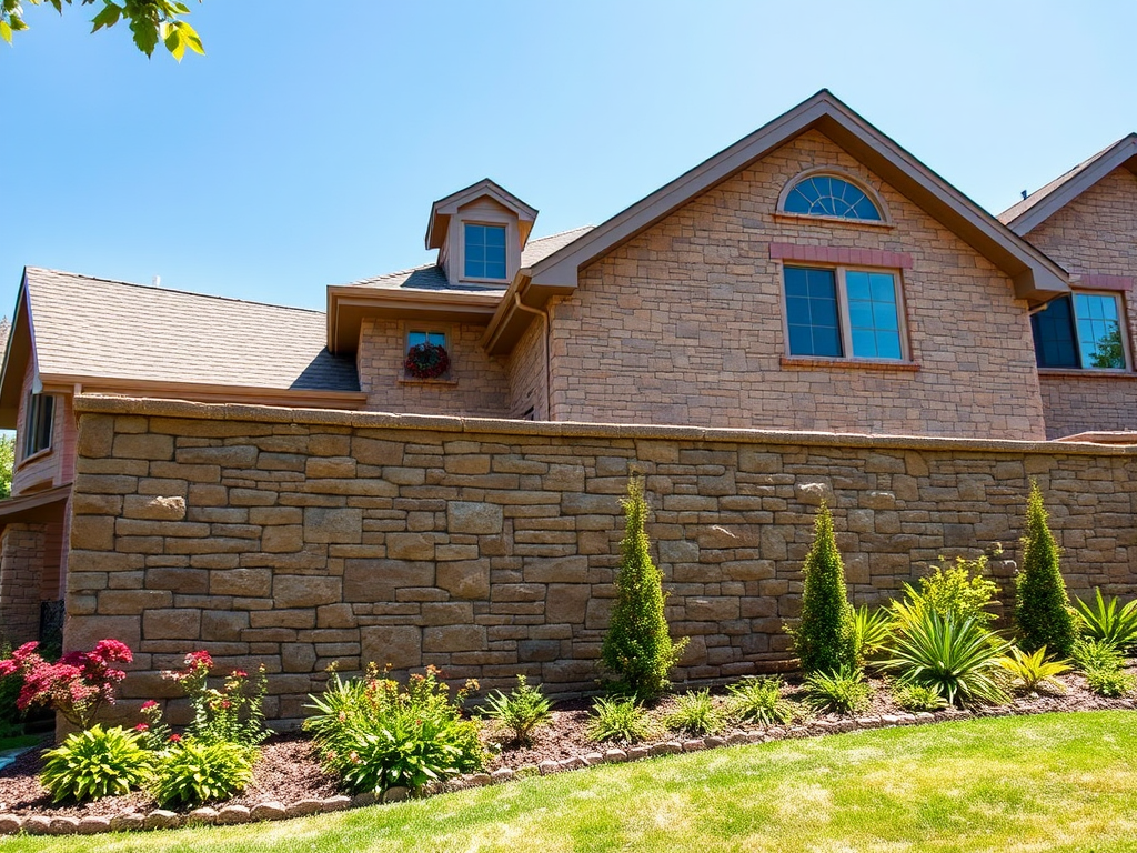 Современный дом с каменной стеной и ухоженным садом под ясным небом.