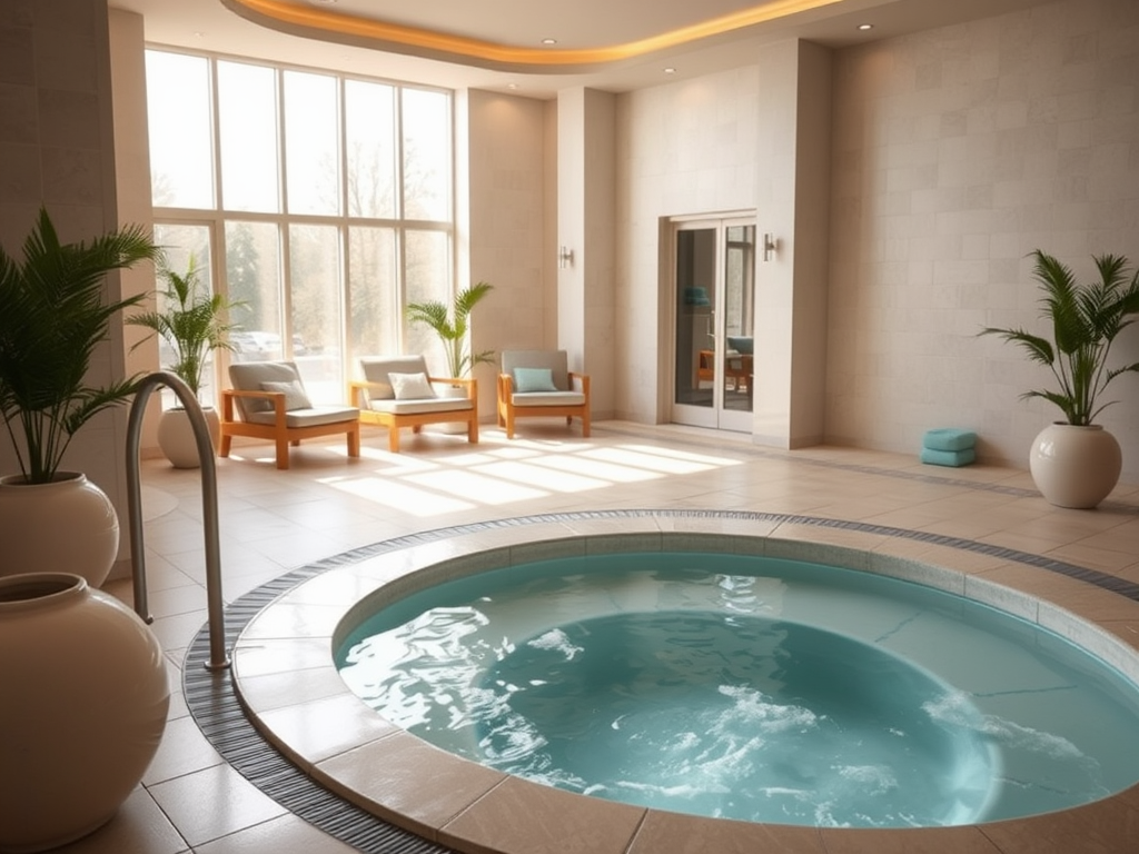 Современный спа-салон с джакузи, мягкими креслами и зелеными растениями, освещенный ярким солнечным светом.