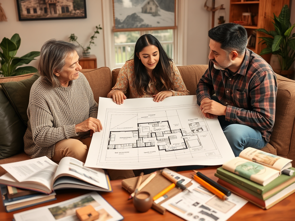 Трое людей обсуждают план дома, сидя на диване, окружённые книгами и бумагами.