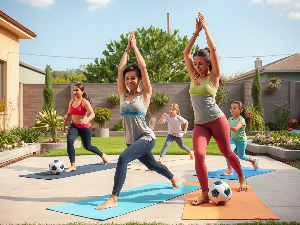 На заднем дворе несколько женщин и детей занимаются йогой и спортом рядом с футбольным мячом.