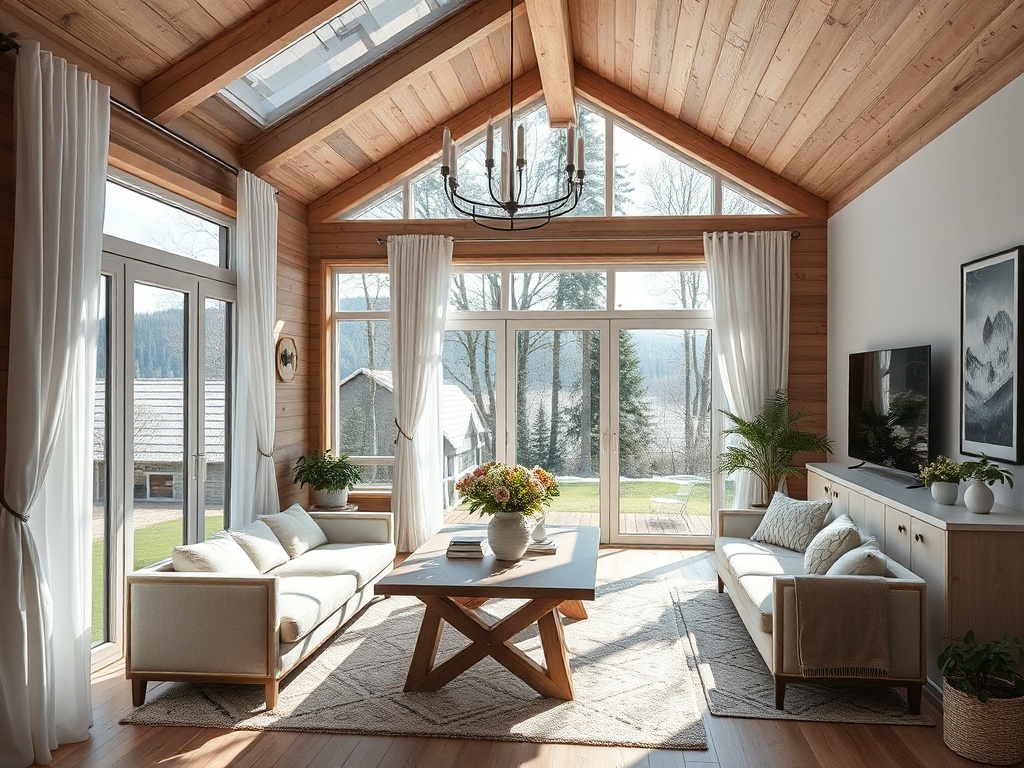 Светлая гостиная с красивыми окнами, деревянным потолком и уютной мебелью, выходящей на природу.