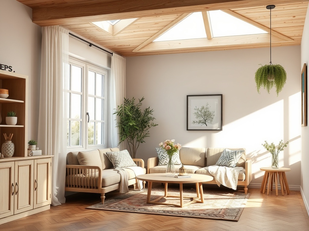 Светлая гостиная с мягкой мебелью, растениями и большими окнами, залитая солнечным светом.