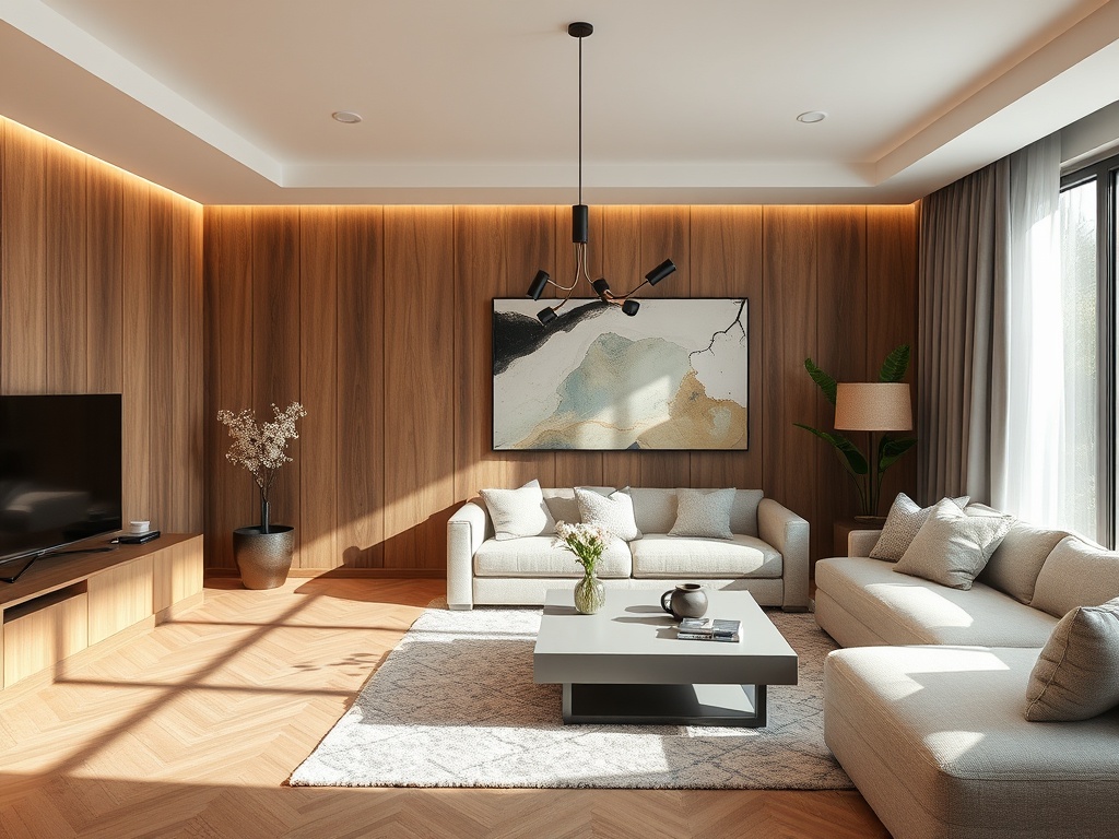 Современный светлый интерьер гостиной с деревянными стенами и стильной мебелью. Уютная атмосфера.