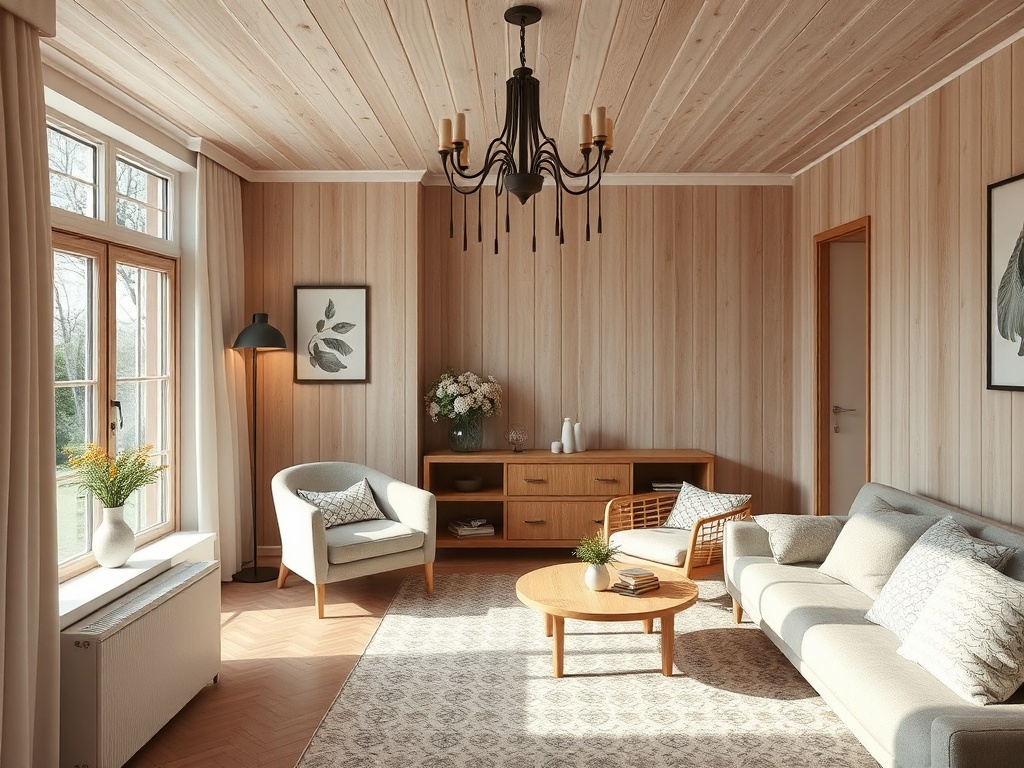 Светлая гостиная с деревянными стенами, мягкой мебелью и уютным освещением, украшенная растениями и картинами.