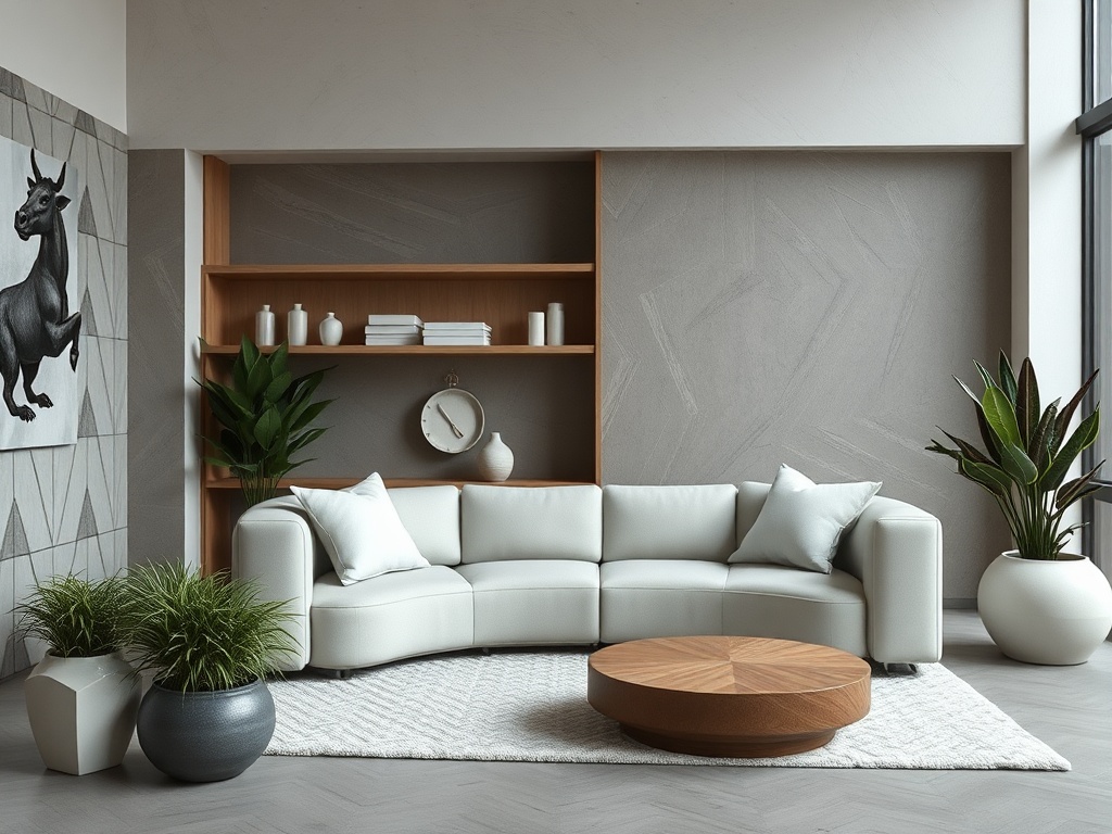 Элегантная гостиная с белым диваном, круглым столом и зелеными растениями на фоне светлых стен.