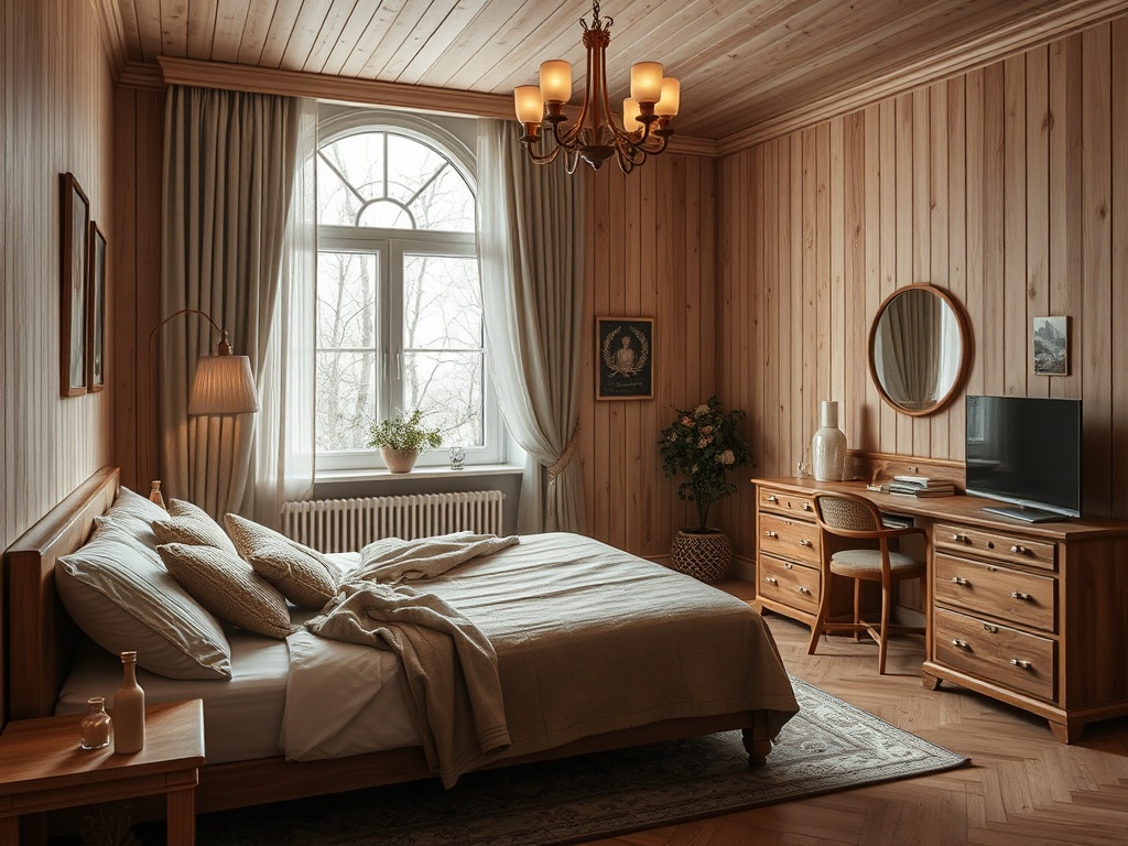 Светлая спальня с деревянными стенами, уютной кроватью и рабочим столом у окна. Теплая атмосфера уюта.