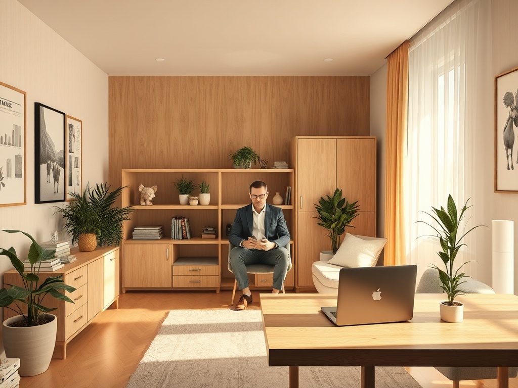 Современный офис: мужчина в костюме сидит на стуле, рядом стол с ноутбуком и зелёные растения в горшках.
