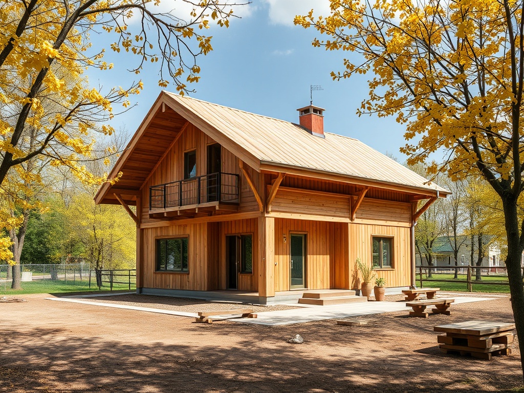 Деревянный дом с балконом, окружённый зелёными деревьями и жёлтыми листьями на фоне ясного неба.