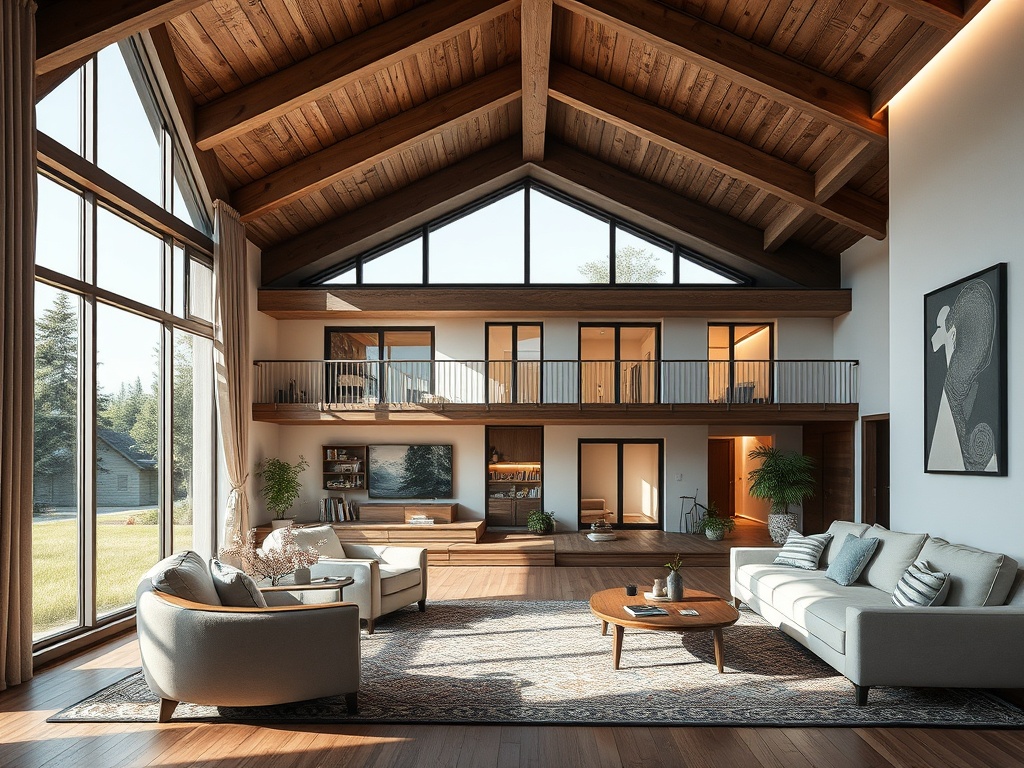 Современная гостиная с высокими деревянными потолками, большими окнами и уютной мебелью. Простор и свет.