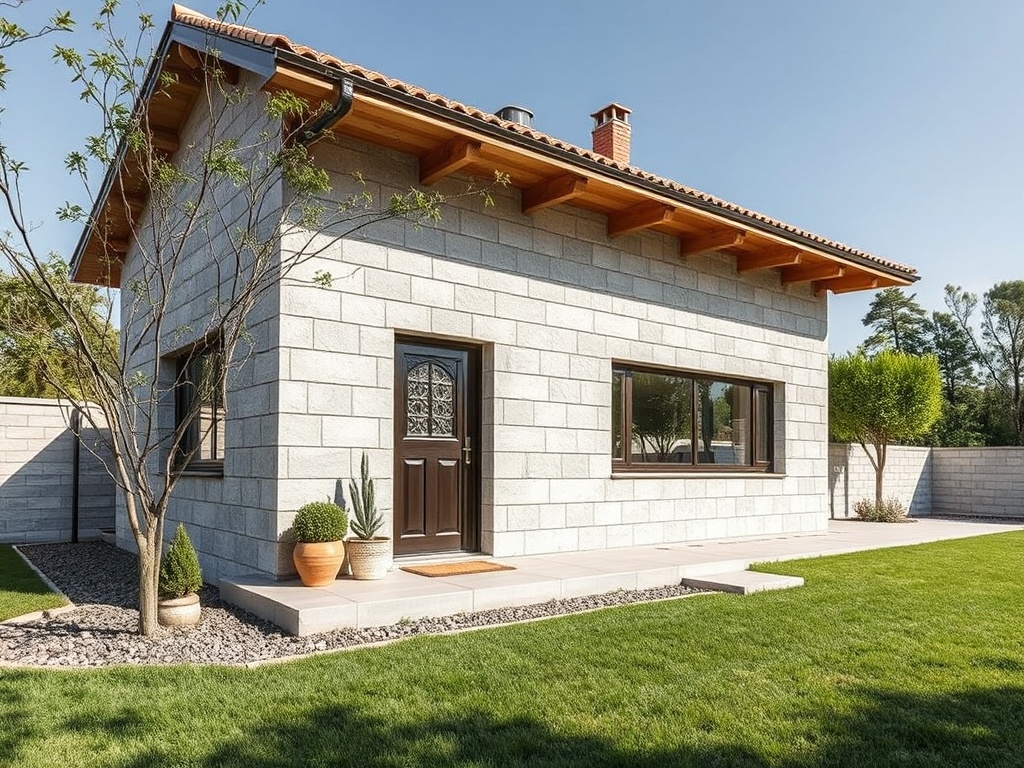 Современный дом из керамоблоков с деревянной крышей и ухоженным газоном, окружённый растениями.