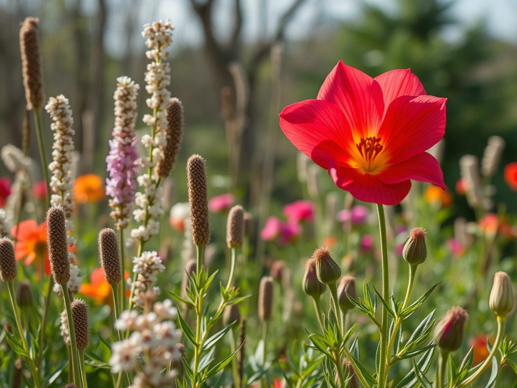Яркие цветы в саду: красный цветок на переднем плане и множество других цветов на фоне.
