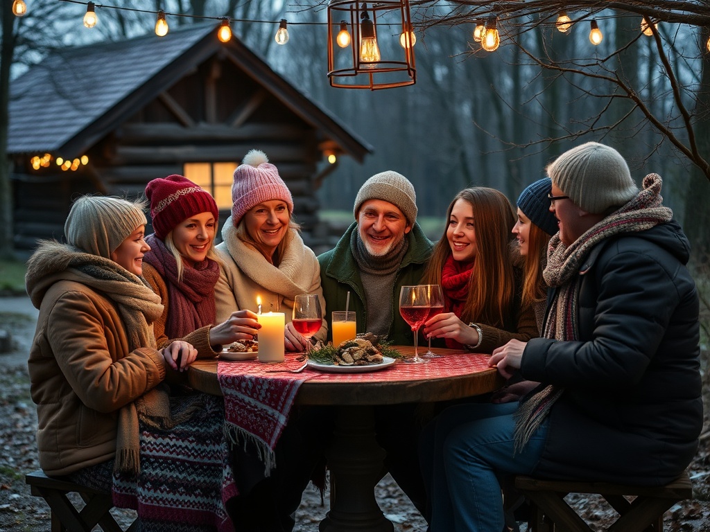 Группа людей наслаждается вечерним угощением на природе в зимней обстановке у деревянного домика.