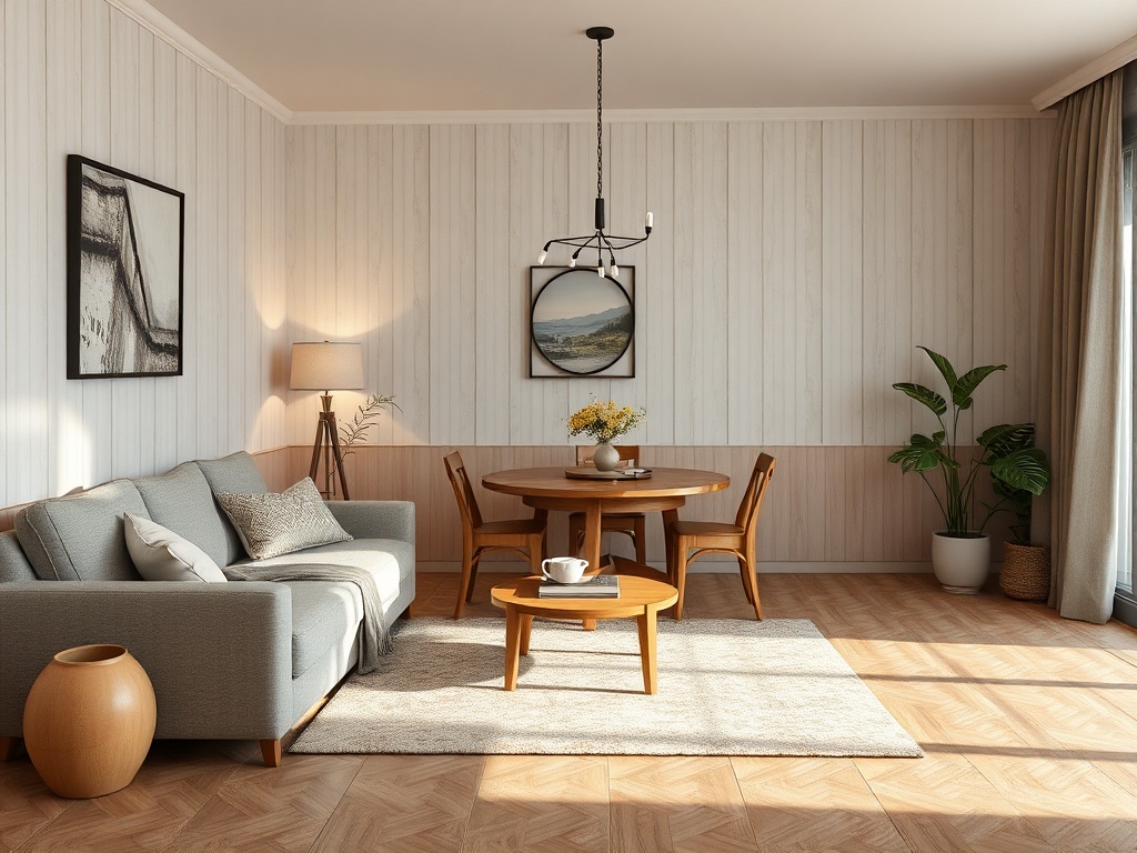 Светлая гостиная с диваном, деревянным столом и растениями, оформленная в современном стиле.