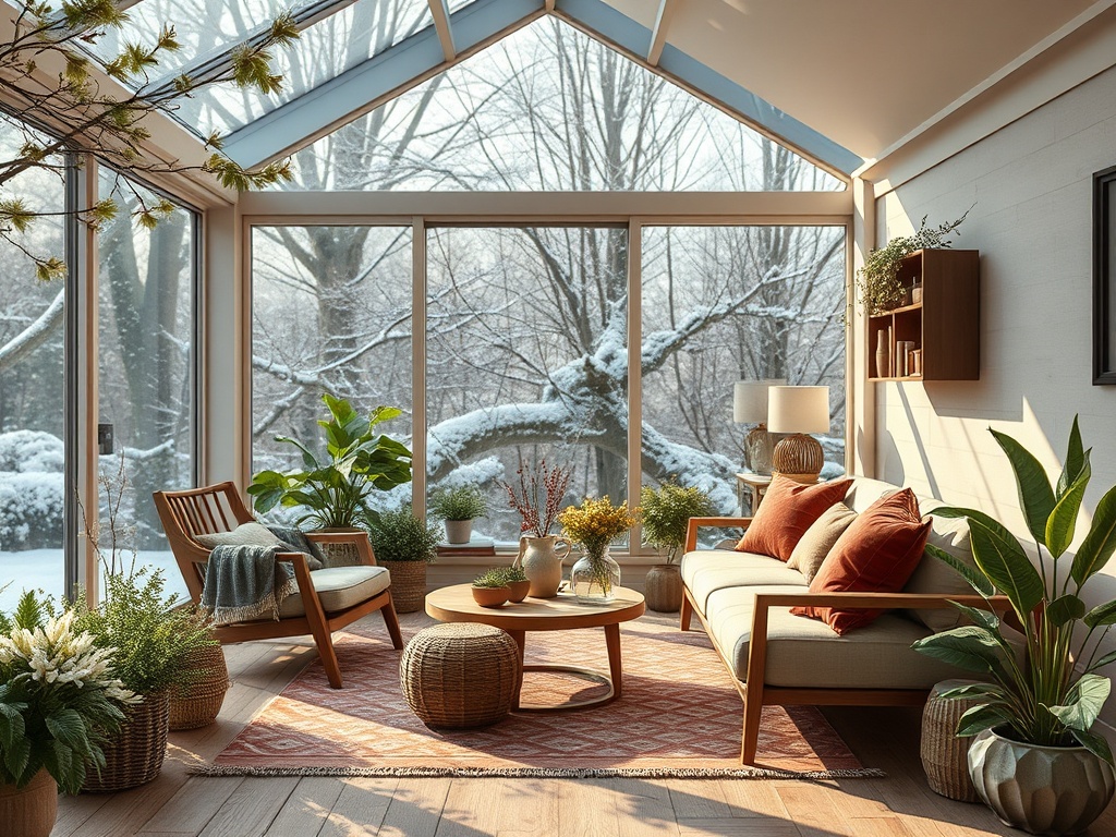 Уютная гостиная с большими окнами и растениями, за ними виден зимний пейзаж с снегом.