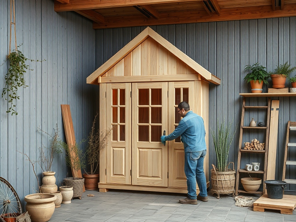Мужчина открывает деревянный шкаф в уютном пространстве, окруженном растениями и аксессуарами для дома.