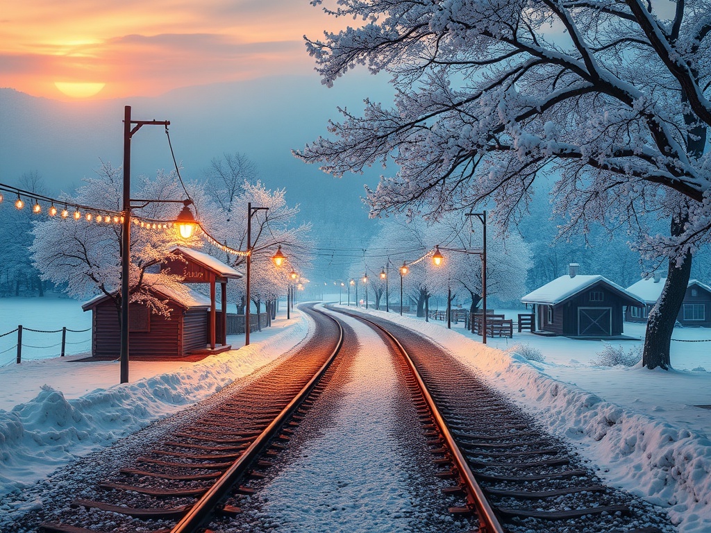 Зимний пейзаж: железная дорога, окруженная снежными деревьями и освещенная фонарями на фоне заходящего солнца.