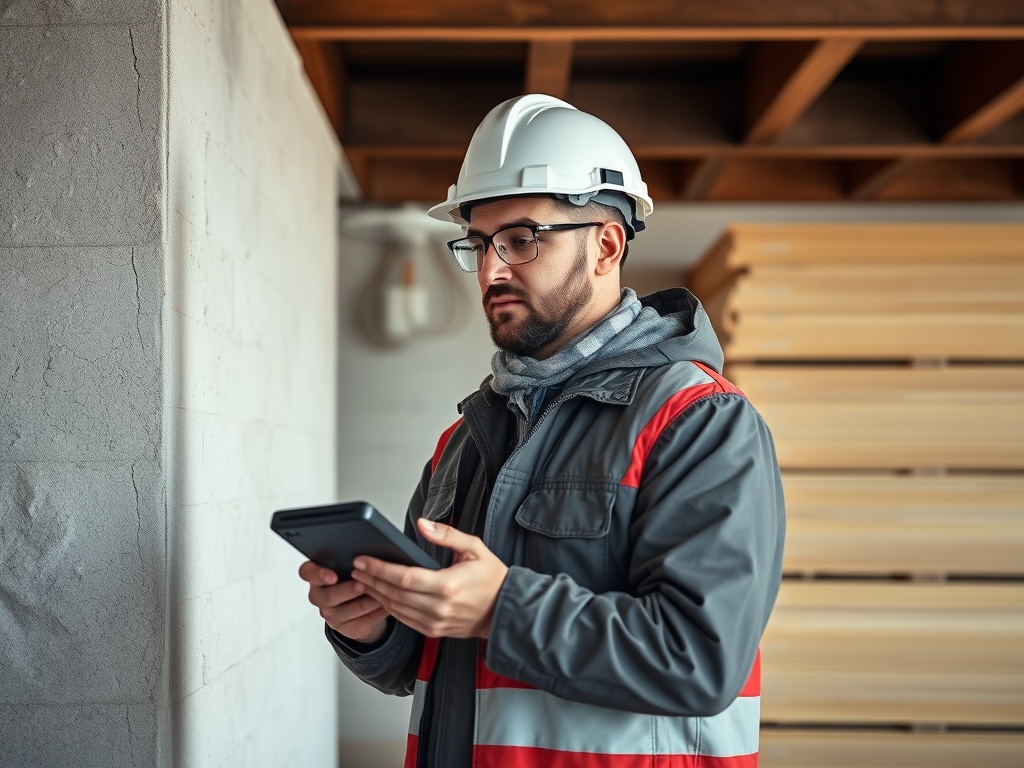 Рабочий в строительной каске и очках, использует планшет на строительном объекте. Деревянные доски на фоне.