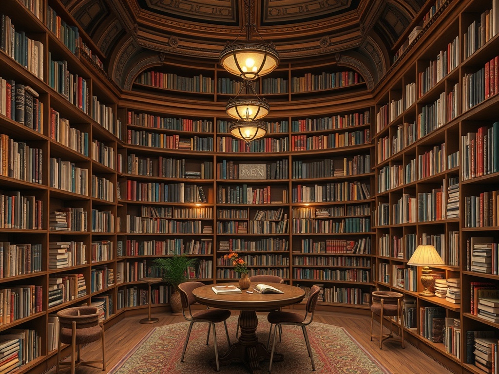 Уютная библиотека с полными книжными стеллажами и столом для чтения. Теплый свет создаёт атмосферу спокойствия.
