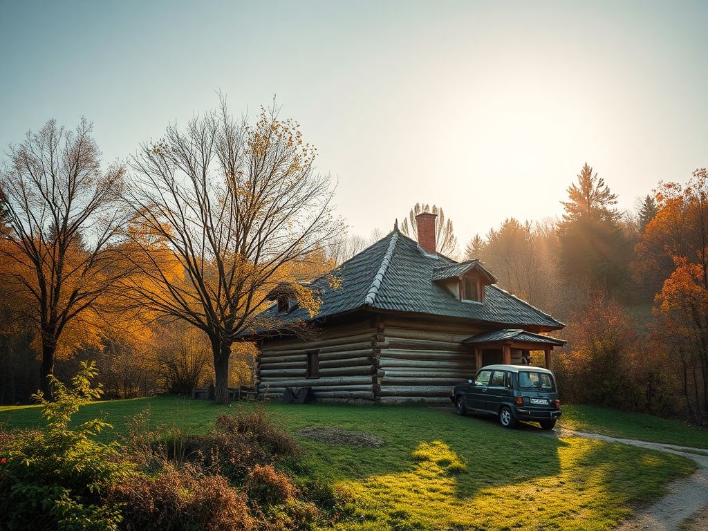 Уютный дом из бревен на фоне осеннего леса, рядом стоит автомобиль под ярким освещением заката.