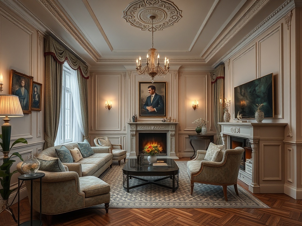 Элегантная гостиная с картинами на стенах, уютным камином и роскошной мебелью. Светлая и стильная обстановка.