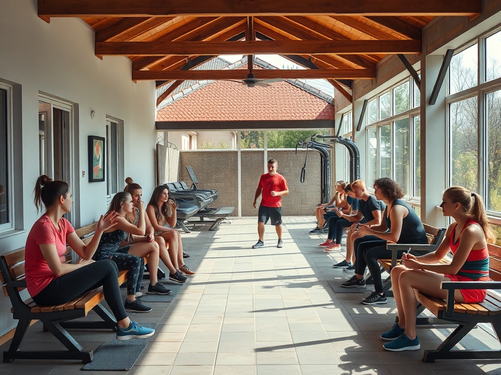 Группа людей в спортивной одежде занимается в зале. Тренер дает указания, остальные слушают и отдыхают.