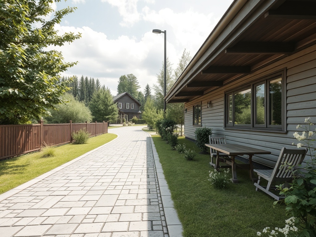 Дорога вдоль загородного дома, окруженная зеленью, с уютной зоной для отдыха и креслами на веранде.