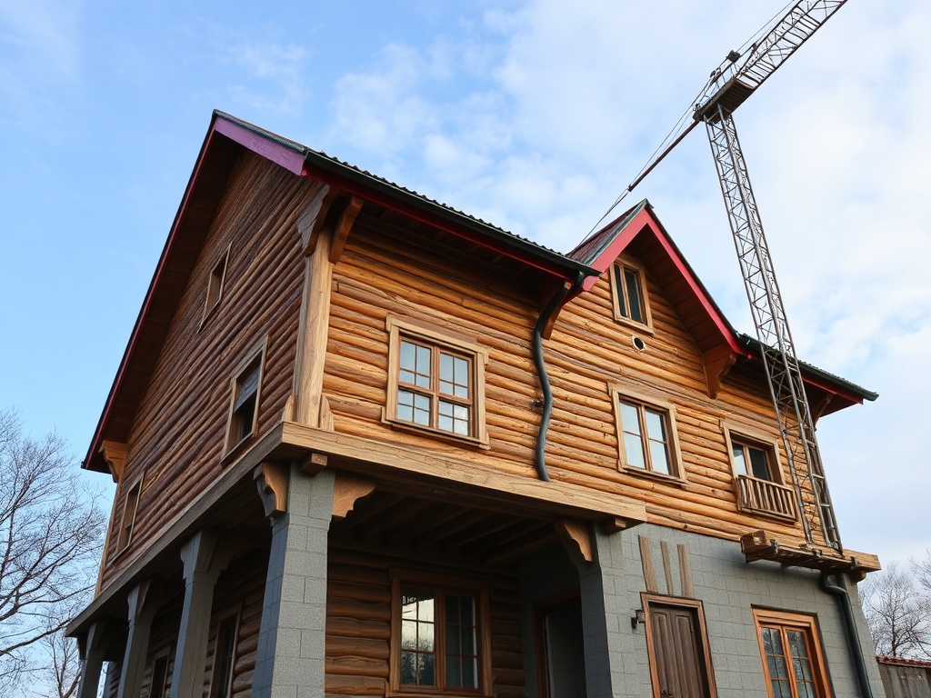 Деревянный дом на стадии строительства с башенным краном и ясным небом на фоне.