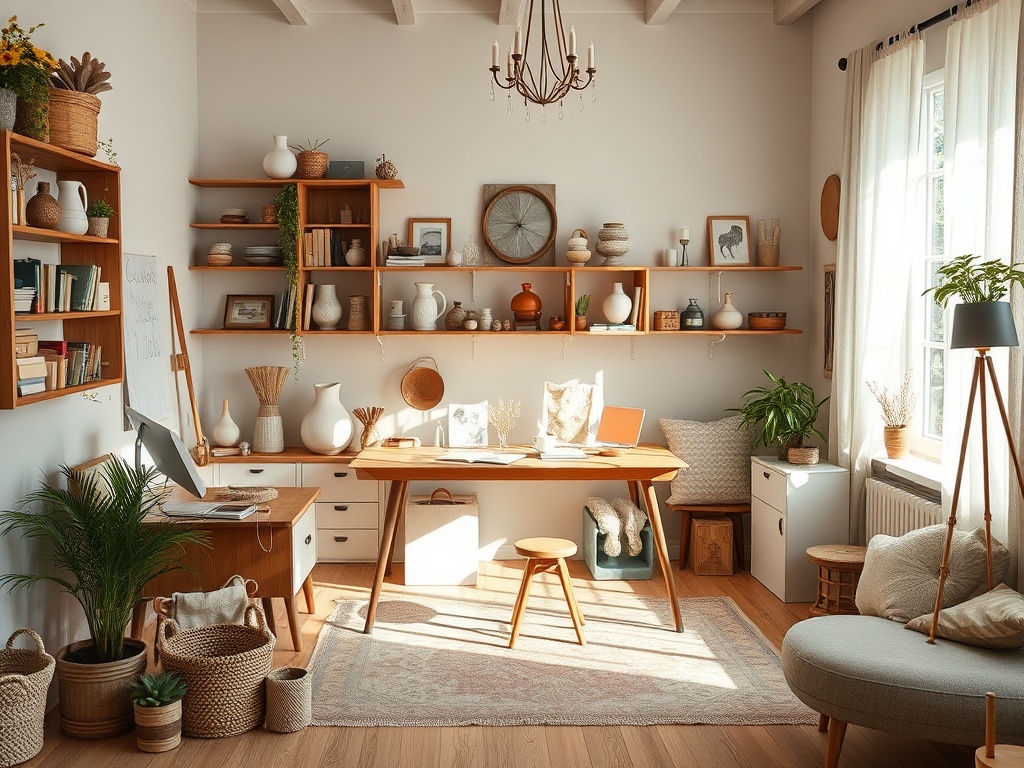Светлый и уютный офис с деревянной мебелью, книгами, растениями и декоративными предметами.