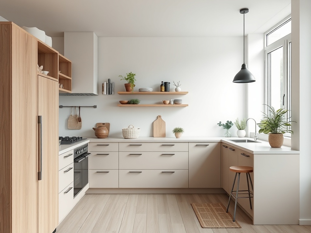 Современная кухня с деревянными и белыми элементами, растениями и уютной атмосферой.