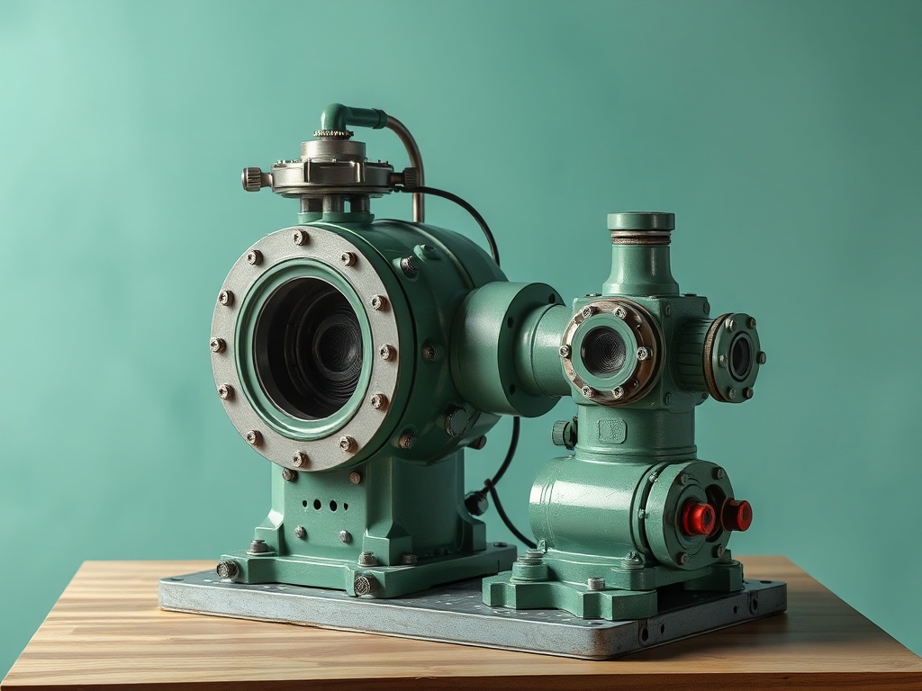 Два механических насоса, окрашенных в зеленый цвет, расположены на столе на фоне бирюзовой стены.