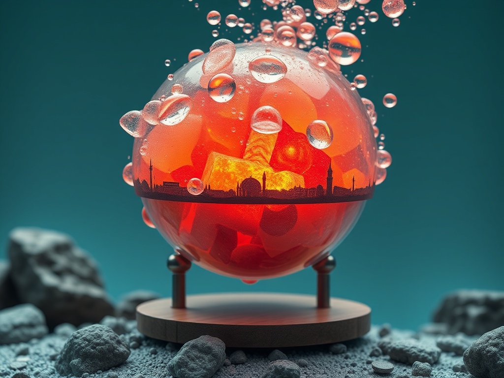 В центре изображения находится круглый сосуд с красной жидкостью и пузырьками, на фоне каменистой поверхности.