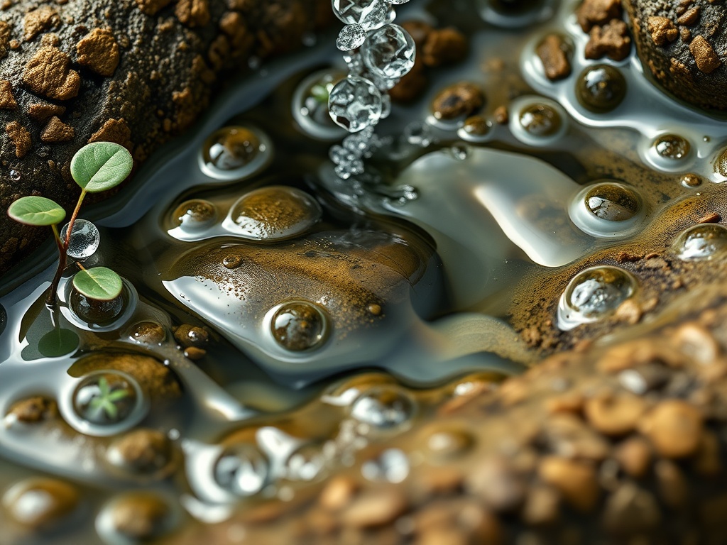 На поверхности воды видны пузырьки, камни и маленькие растения, создающие спокойную атмосферу.